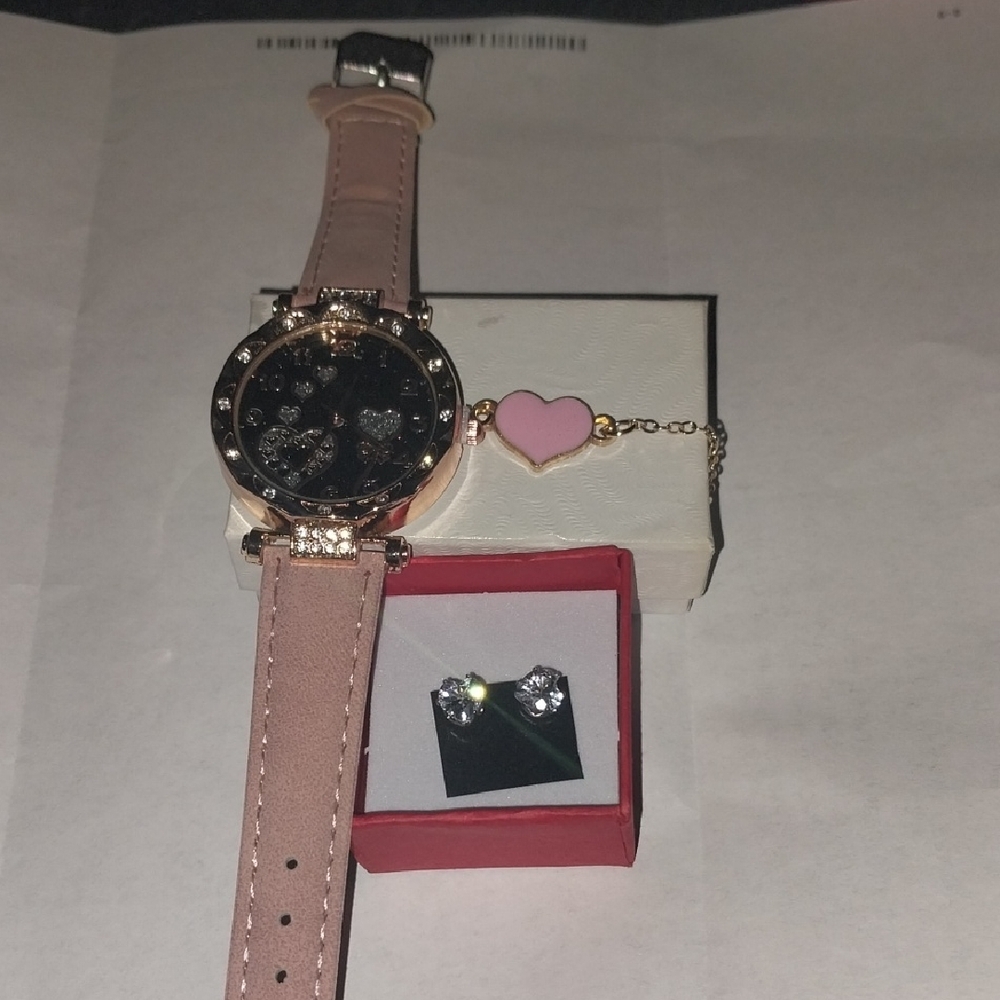 Elegant Pink and Black Watch with Heart Charm
